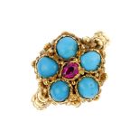 An early 19th century 18ct gold gem-set memorial ring. The replacement ruby and turquoise cabochon