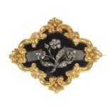 A mid 19th century gold and silver diamond and enamel mourning brooch. The old, single and rose-