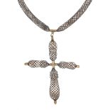 An early 19th century memorial woven hair cross pendant. The woven hair openwork cross, with mounted