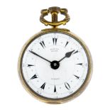 A pair case open face pocket watch by Ralph Gout. Gilt case. Numbered 470. Unsigned key wind full