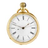 An open face pocket watch by Edward Scrivener. 18ct yellow gold case, hallmarked London 1881. Signed