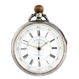 An open face centre seconds pocket watch. Silver case, hallmarked Chester 1887. Unsigned keyless