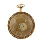 An open face repeater pocket watch. Yellow metal case with split pearl decoration and enamelled