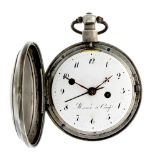An open face alarm pocket watch by Meuron & Comp. White metal case. Numbered 60825 5363 LHV.