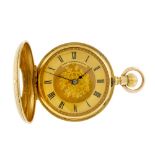 A half hunter pocket watch by Thomas Russell & Son. 18ct gold case with enamel chapter ring,