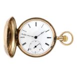 A full hunter pocket watch. Rolled gold case. Numbered 64245. Unsigned keyless wind movement with