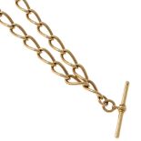A 9ct rose gold dog link double Albert chain, 9ct rose gold T-bar and two 9ct rose gold lobster