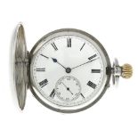 A full hunter pocket watch by Le Roy & Fils. Silver case with engraved case back, hallmarked