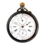 An open face pocket watch chronograph by Ascot. Gunmetal case. Numbered 58024. Signed keyless wind