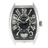 A dual time alarm clock by Franck Muller. Stainless steel case. Number 0150. Quartz movement.