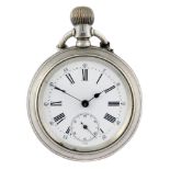 An open face dual dial chronograph pocket watch. Base metal case. Unsigned keyless wind movement