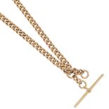 A 15ct gold curb link Albert chain, with lobster and spring-ring clasp terminals and T-bar, each
