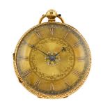 An open face pocket watch. 18ct yellow gold case, hallmarked Chester 1863. Numbered 40042.