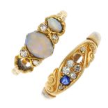 Two late Victorian 18ct gold gem-set rings. The first designed as an old-cut diamond and circular-