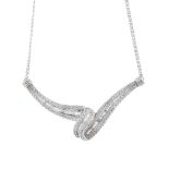 A 9ct gold diamond necklace. Designed as a baguette and single-cut diamond scrolling chevron,