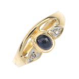 A sapphire and diamond dress ring. The oval sapphire cabochon collet, with diamond point accents and