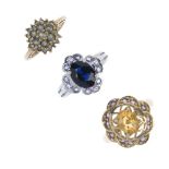 A selection of three 9ct gold gem-set rings. To include a sapphire and tanzanite floral cluster
