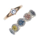 Two 9ct gold gem-set rings. To include a diamond and colour treated diamond dress ring, together