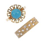 Two 9ct gold gem-set dress rings. To include a circular reconstituted turquoise cabochon floral ring