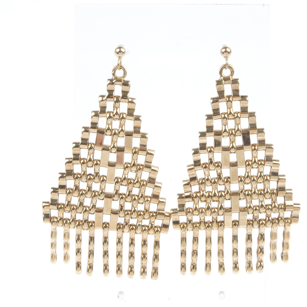 A pair of ear pendants. Each designed as an articulated triangular-shape panel with fringe detail. - Image 2 of 2