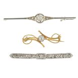 A selection of three gem-set brooches. To include a mid 20th century split pearl and rose-cut