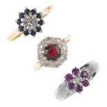 A selection of three diamond and gem-set cluster rings. To include an 18ct gold ruby and diamond