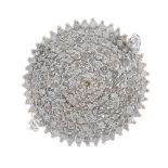 A 9ct gold diamond cluster ring. Of circular outline, the single-cut diamond stepped panel, to the