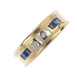 A sapphire and diamond dress ring. The twin single-cut diamonds, with calibre-cut sapphire sides,