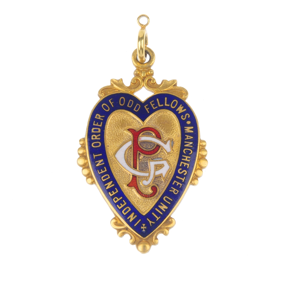 A mid 20th century 9ct gold enamel Oddfellows medal. The heart-shape panel, with enamel highlights