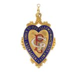 A mid 20th century 9ct gold enamel Oddfellows medal. The heart-shape panel, with enamel highlights