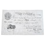 Bank of England, Beale white Five-Pounds, 7 July 1949, serial no. N82 010992 (B 270). Good very