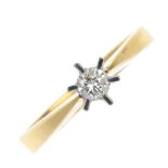 An 18ct gold diamond single-stone ring. The brilliant-cut diamond, to the tapered shoulders and