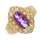 An amethyst and diamond dress ring. The marquise-shape amethyst, with single-cut diamond accent