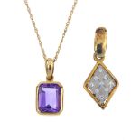 Two gem-set pendants. To include a 9ct gold rectangular-shape amethyst pendant, suspended from a