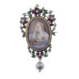 An early 20th century split pearl, cultured pearl and gem-set portrait pendant. The oval-shape