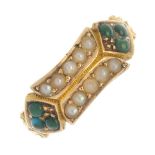 A mid Victorian 15ct gold split pearl and turquoise ring. The split pearl bars, with circular