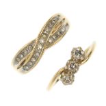 Two 9ct gold diamond rings. To include a diamond crossover ring, together with a brilliant-cut