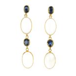 A pair of 14ct gold moonstone and sapphire ear pendants. Each designed as two oval moonstone