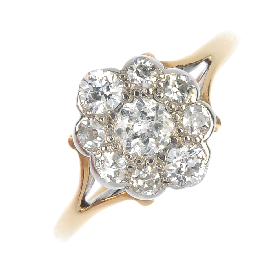 An early 20th century 15ct gold diamond cluster ring. The old and single-cut diamond cluster, to the