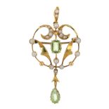 An early 20th century 15ct gold peridot and split pearl pendant. Of openwork design, the pear-