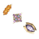 A selection of three 9ct gold gem-set rings. To include an amethyst single-stone ring, an orange-gem