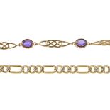 Two 9ct gold bracelets. The first comprising a series of oval amethyst collets with stylised knot