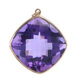 An amethyst pendant. The kite-shape amethyst, within a collet setting, to the hoop surmount.