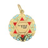 A plique-a-jour enamel pendant. Of circular outline, the star motif with Hebrew script and red