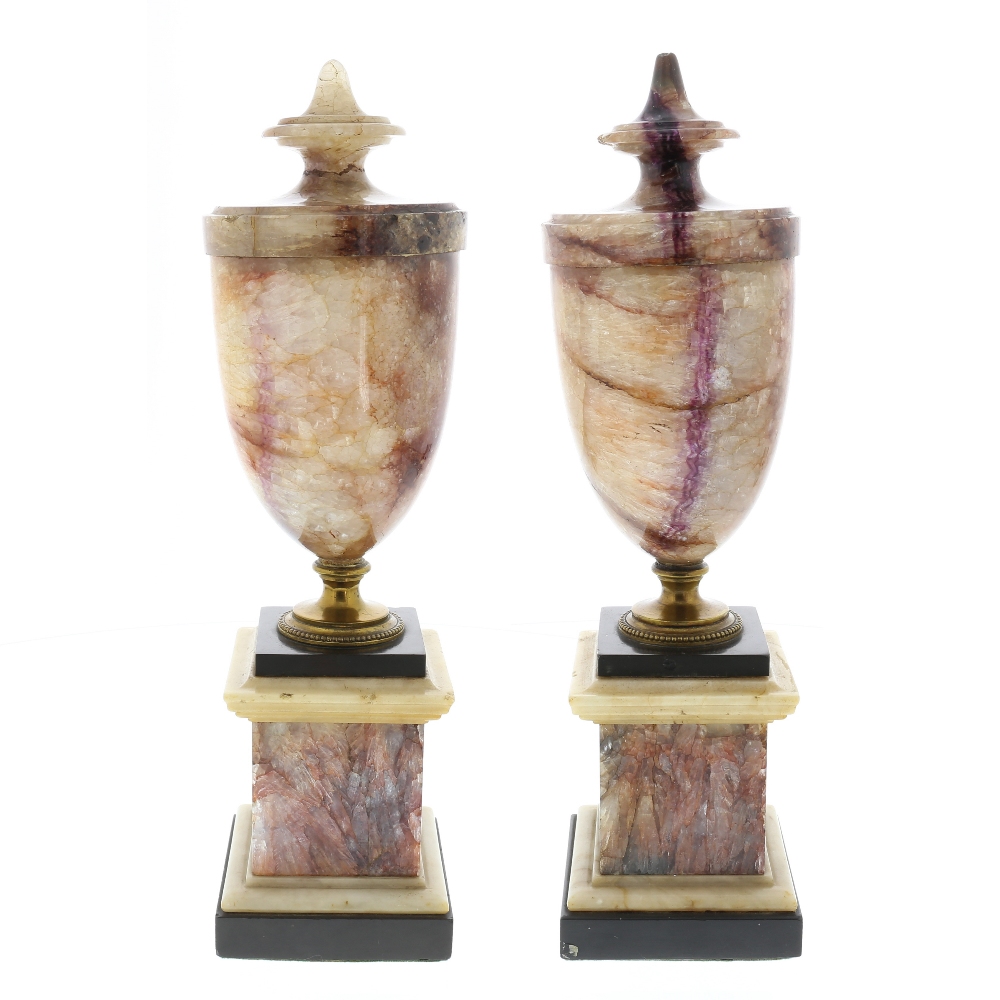 A good pair of Blue John urns. Winnats One Vein Each of neoclassical shouldered ovoid form with