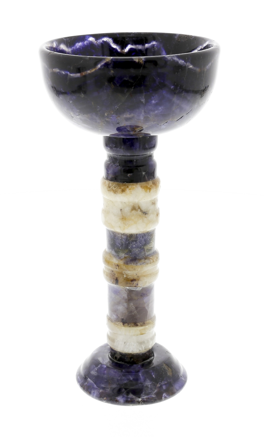 A Blue John pedestal cup or chalice. Winnats Five Vein The hemispherical bowl with dark violet rim