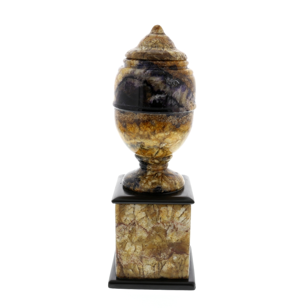 A Blue John pedestal urn. Old Tor Vein The neoclassical ovoid body with stepped domed surmount