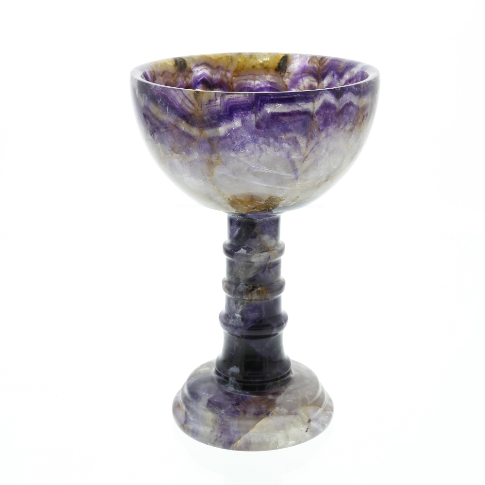 A Blue John chalice. Winnats Five Vein The hemispherical bowl with bands of zig-zag parallel