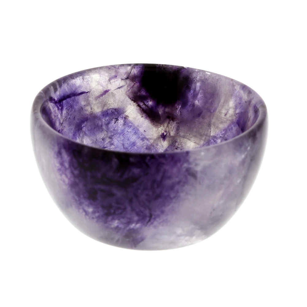 A small Blue John bowl Of hemispherical form with a pale lilac band between darker patches, 40mm