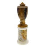 A Blue John urn on pedestal. Winnats One Vein The neoclassical shouldered ovoid body with stepped